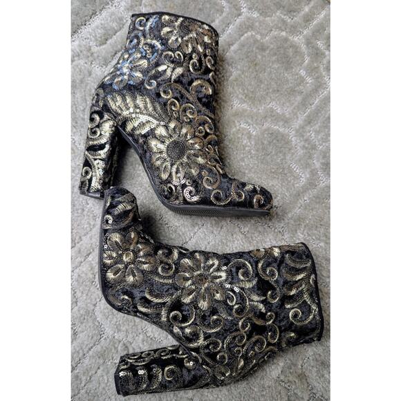 Wild Diva High Heel Ankle Boots Booties WOMENS 7.5 black gold embroidery sequins - Picture 4 of 8
